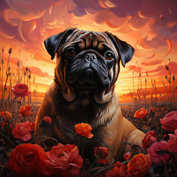Pugs and Roses - Art Print