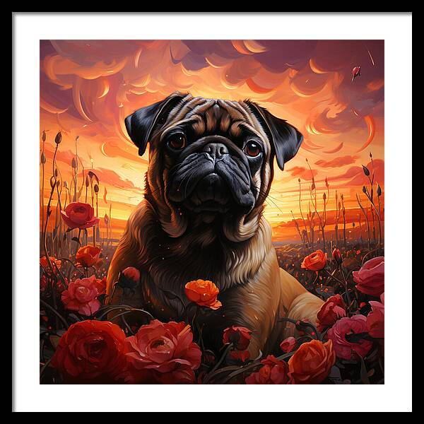 Pugs and Roses - Framed Print