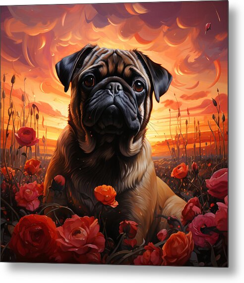 Pugs and Roses - Metal Print