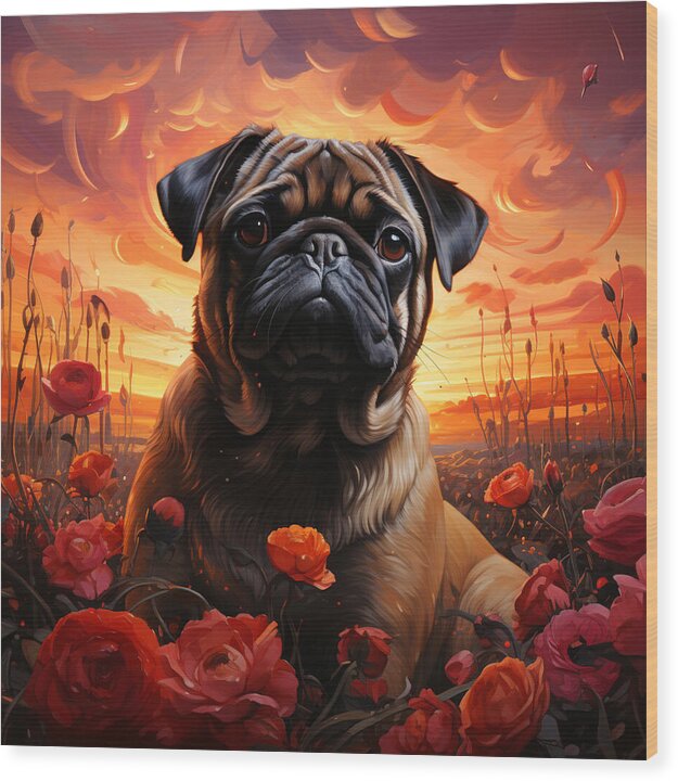 Pugs and Roses - Wood Print