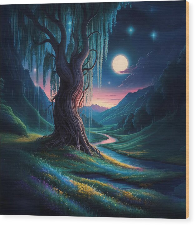 Whispers of the Moonlit Willow - Wood Print